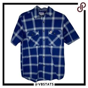 Carhartt Medium Blue-White Plaid Short Sleeve‎ Double Pocket Shirt.